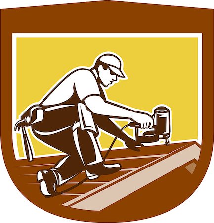 simsearch:400-07507840,k - Illustration of a roofer construction worker roofing working on house roof with nail gun nailgun nailer done in retro style. Foto de stock - Royalty-Free Super Valor e Assinatura, Número: 400-07550163