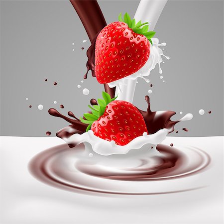 Appetizing strawberries falling into milk and chocolate mix Stock Photo - Budget Royalty-Free & Subscription, Code: 400-07551158