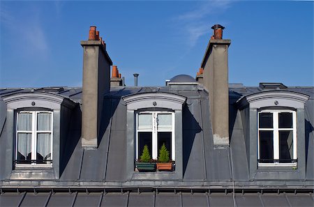 european house roofing - Attic windows in Paris bright sunny morning. Stock Photo - Budget Royalty-Free & Subscription, Code: 400-07552572