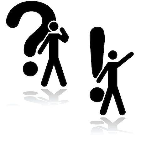 stick figure with a question mark - Concept illustration showing a man thinking about a problem beside a question mark and having found an answer beside an exclamation mark Stock Photo - Budget Royalty-Free & Subscription, Code: 400-07552983