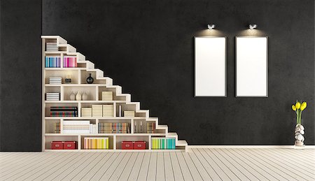 Modern black room with wooden staircase with bookcase - rendering Stock Photo - Budget Royalty-Free & Subscription, Code: 400-07553389