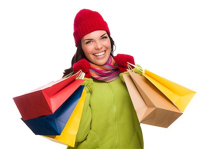 simsearch:400-06462603,k - Beautiful Mixed Race Woman Wearing Winter Hat and Gloves Isolated on a White Background Looking to the Side. Stock Photo - Budget Royalty-Free & Subscription, Code: 400-07553556