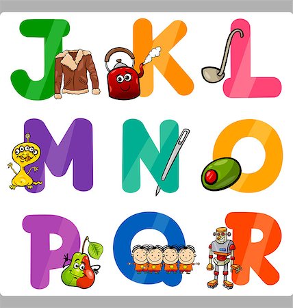 Cartoon Illustration of Funny Capital Letters Alphabet with Objects for Language and Vocabulary Education for Children from J to R Stock Photo - Budget Royalty-Free & Subscription, Code: 400-07553801