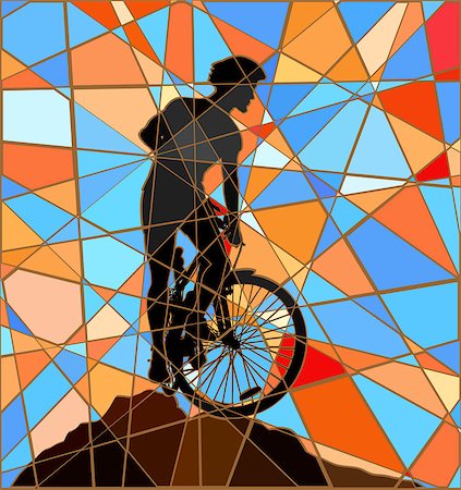 Editable vector colorful mosaic illustration of a mountain biker silhouette high on a ridge Stock Photo - Budget Royalty-Free & Subscription, Code: 400-07553942