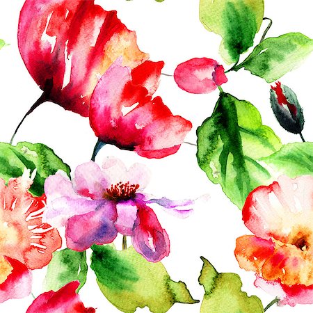 peony art - Seamless pattern with Summer flowers, Watercolor painting Stock Photo - Budget Royalty-Free & Subscription, Code: 400-07567624
