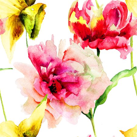 simsearch:400-07291175,k - Seamless pattern with original flowers, Watercolor painting Foto de stock - Super Valor sin royalties y Suscripción, Código: 400-07567648