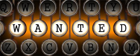 Wanted on Old Typewriter's Keys on Orange Background. Stock Photo - Budget Royalty-Free & Subscription, Code: 400-07568235