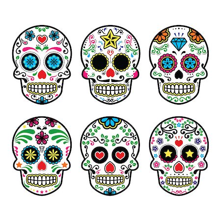 dia de los muertos - Vector icon set of decorated skull - tradition in Mexico, colorful icons isolated Stock Photo - Budget Royalty-Free & Subscription, Code: 400-07568384