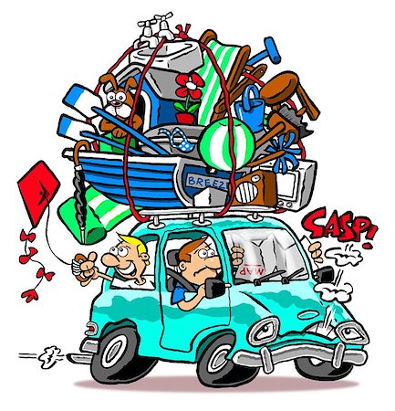 exhausted man on the road - Cartoon of family road trip vacation in car overloaded with holiday and vacation items including kitchen sink, car is exhausted and gasping for air. Isolated on white. Stock Photo - Budget Royalty-Free & Subscription, Code: 400-07568398