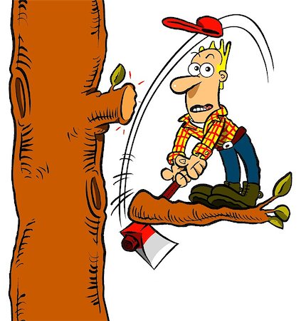 Cartoon of lumberjack high up in a tree, looking shocked, chopping off branch he's standing on with a big axe Stock Photo - Budget Royalty-Free & Subscription, Code: 400-07568399