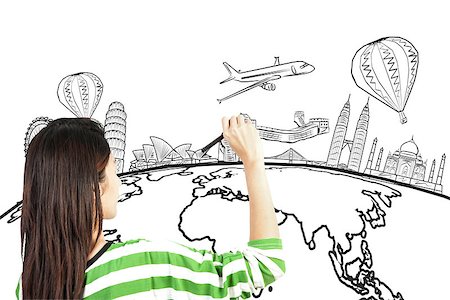 asian woman drawing or writing dream travel around the world Stock Photo - Budget Royalty-Free & Subscription, Code: 400-07569153