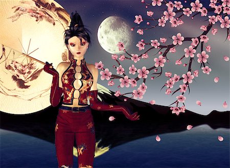 Night background with asian girl and pink cherry blossom. Stock Photo - Budget Royalty-Free & Subscription, Code: 400-07574134