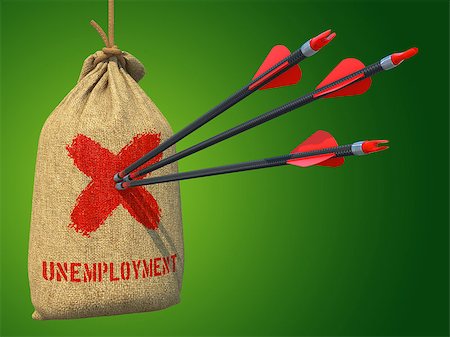 simsearch:400-07745360,k - Unemployment - Three Arrows Hit in Red Mark Target on a Hanging Sack on Green Background. Photographie de stock - Aubaine LD & Abonnement, Code: 400-07574339