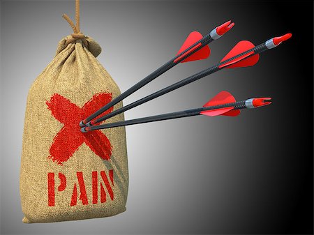 simsearch:400-07745360,k - Pain - Three Arrows Hit in Red Mark Target on a Hanging Sack on Grey Background. Photographie de stock - Aubaine LD & Abonnement, Code: 400-07574378