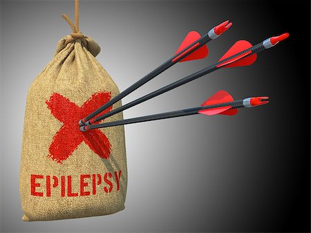 simsearch:400-07619175,k - Epilepsy- Three Arrows Hit in Red Mark Target on a Hanging Sack on Grey Background. Photographie de stock - Aubaine LD & Abonnement, Code: 400-07574427