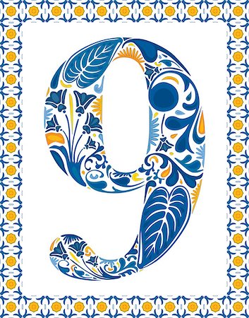 Blue floral number 9 in frame made of Portuguese tiles Stock Photo - Budget Royalty-Free & Subscription, Code: 400-07574525