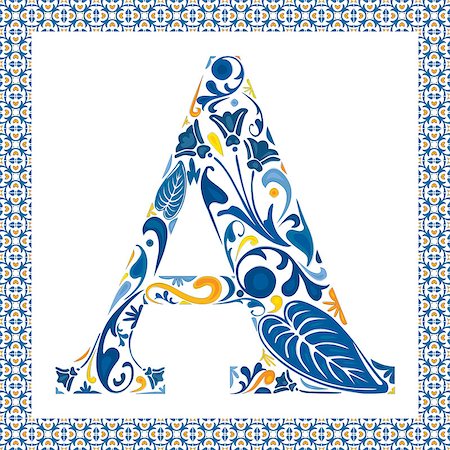 simsearch:400-06849645,k - Blue floral capital letter A in frame made of Portuguese tiles Photographie de stock - Aubaine LD & Abonnement, Code: 400-07574526