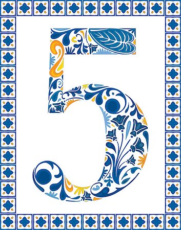 simsearch:400-06849645,k - Blue floral number 5 in frame made of Portuguese tiles Photographie de stock - Aubaine LD & Abonnement, Code: 400-07574521