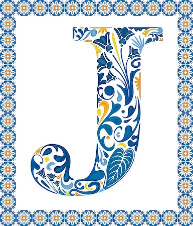 simsearch:400-06849645,k - Blue floral capital letter J in frame made of Portuguese tiles Photographie de stock - Aubaine LD & Abonnement, Code: 400-07574533