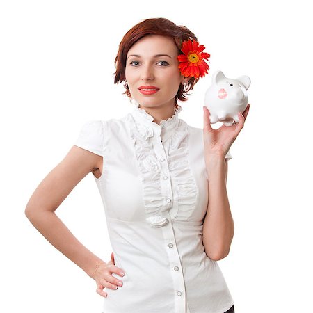 Finance - Woman looking at piggy bank on white background Photographie de stock - Aubaine LD & Abonnement, Code: 400-07574610