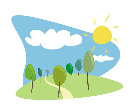 eco travel - Grove with trees at sunny, blue sky spring or summer day. Vector illustration with green trees, sun and white clouds. Foto de stock - Super Valor sin royalties y Suscripción, Código: 400-07574696