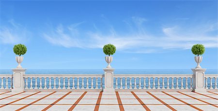 simsearch:400-07038923,k - Empty terrace overlooking the sea with concrete balustrade and tiled floor- rendering Stock Photo - Budget Royalty-Free & Subscription, Code: 400-07574770