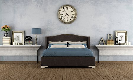 reloj de sol - Vintage bedroom with double bed  and retro objects - rendering Photographie de stock - Aubaine LD & Abonnement, Code: 400-07574771