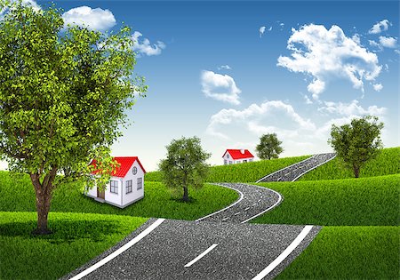 simsearch:400-07919003,k - Road runs through the verdant hills. Houses and trees as a backdrop Stock Photo - Budget Royalty-Free & Subscription, Code: 400-07574912