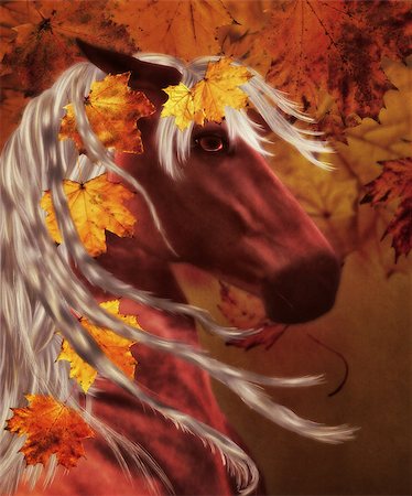 Beautiful autumn horse portrait with maple leaves, seasons conceptual background. Stock Photo - Budget Royalty-Free & Subscription, Code: 400-07575034