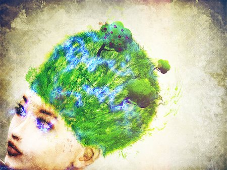 simsearch:400-04901392,k - Abstract illustration of 3d woman with light bulb on head with grass and trees. Stock Photo - Budget Royalty-Free & Subscription, Code: 400-07575117