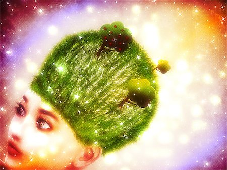 simsearch:400-04901392,k - Abstract illustration of 3d woman with light bulb on head with grass and trees. Stock Photo - Budget Royalty-Free & Subscription, Code: 400-07575118