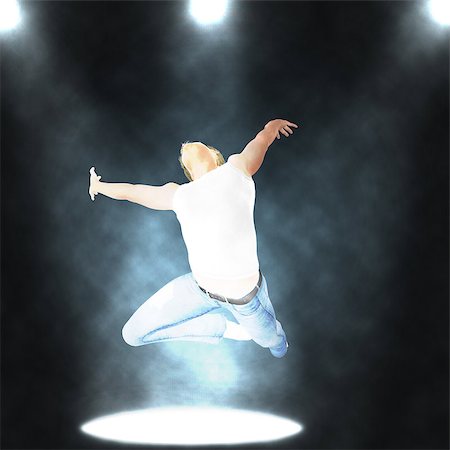 Abstract background with 3d man in jeans jumping in the projector lights. Stock Photo - Budget Royalty-Free & Subscription, Code: 400-07575151