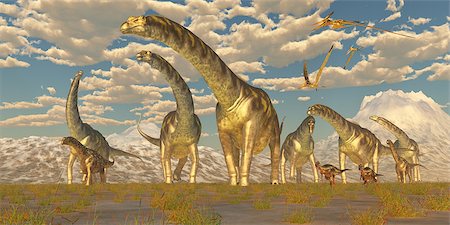 simsearch:400-07039388,k - Hypsilophodon and Pteranodon dinosaurs accompany a herd of Argentinosaurus on their yearly migration to warmer temperatures. Stockbilder - Microstock & Abonnement, Bildnummer: 400-07578272