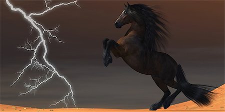 simsearch:400-06205526,k - A flash of lightning from a thunderstorm scares a wild desert horse. Foto de stock - Super Valor sin royalties y Suscripción, Código: 400-07578282