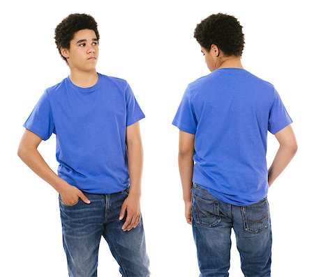 shirt front back model - Young black male with blank blue t-shirt, front and back. Ready for your design or artwork. Stock Photo - Budget Royalty-Free & Subscription, Code: 400-07578445