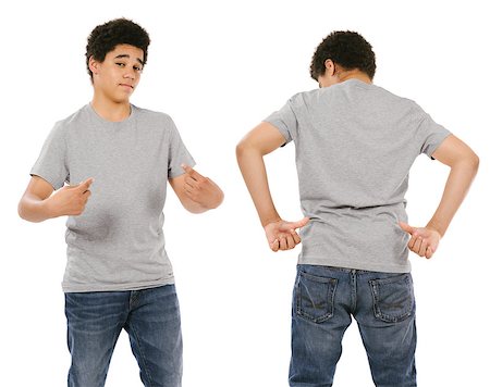 shirt front back model - Young black male with blank grey t-shirt, front and back. Ready for your design or artwork. Stock Photo - Budget Royalty-Free & Subscription, Code: 400-07578446