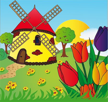 Windmill and tulips - vectors illustration. Foto de stock - Super Valor sin royalties y Suscripción, Código: 400-07578681