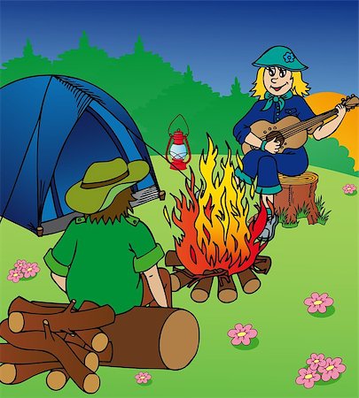 Evening camping by campfire - vector illustration. Stock Photo - Budget Royalty-Free & Subscription, Code: 400-07578717