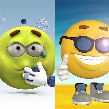 Two 3d emoticons one feels sick and the other is happy, standing on the beach. Stock Photo - Budget Royalty-Free & Subscription, Code: 400-07579477