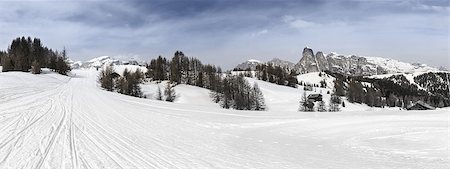skiing chalet - Alta Badia, Dolomites mountain landscape and ski slopes on the Pralongia plateau Stock Photo - Budget Royalty-Free & Subscription, Code: 400-07579668