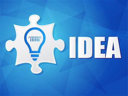 idea and puzzle piece with light bulb sign - white text with symbol over blue background, flat design, business creative concept Photographie de stock - Aubaine LD & Abonnement, Code: 400-07579891