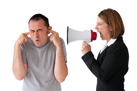 male employee being yelled at by female manager on white Stock Photo - Budget Royalty-Free & Subscription, Code: 400-07579995