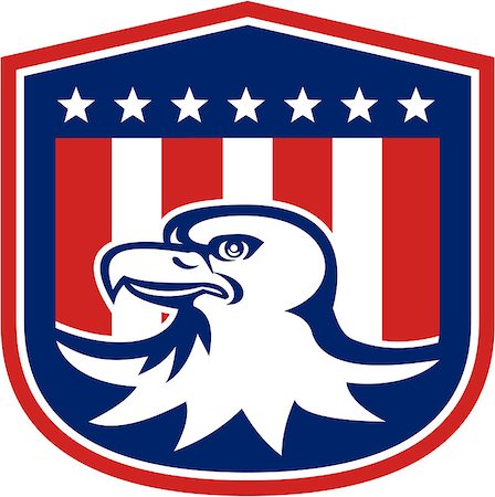 simsearch:400-06891855,k - Illustration of a bald eagle head with american stars stripes flag set inside a shield crest done in retro style. Fotografie stock - Microstock e Abbonamento, Codice: 400-07571236