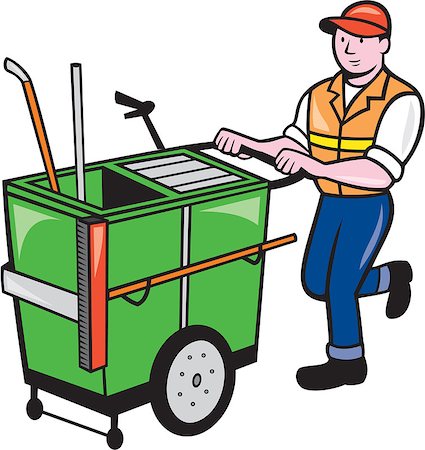 Illustration of a street cleaner worker pushing a cleaning trolley viewed from front on isolated background done in cartoon style. Foto de stock - Super Valor sin royalties y Suscripción, Código: 400-07571349