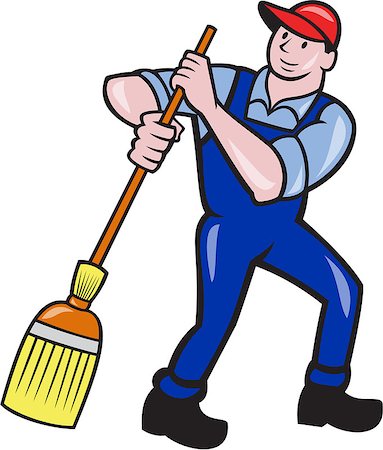 simsearch:400-06737646,k - Illustration of a janitor cleaner worker sweeping with broom viewed from front done in cartoono style. Foto de stock - Super Valor sin royalties y Suscripción, Código: 400-07571354