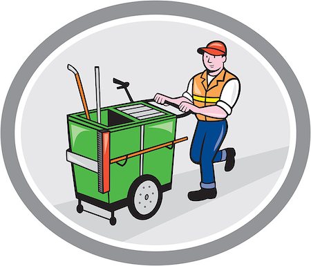 simsearch:400-06737646,k - Illustration of a street cleaner worker pushing a cleaning trolley viewed from front set inside an oval circle on isolated background done in cartoon style. Foto de stock - Super Valor sin royalties y Suscripción, Código: 400-07571350