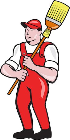 simsearch:400-06737646,k - Illustration of a janitor cleaner worker holding broom sweep standing viewed from front set inside circle done in cartoon style. Foto de stock - Super Valor sin royalties y Suscripción, Código: 400-07571352