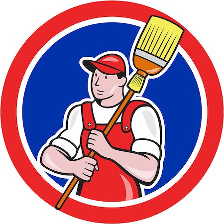 Illustration of a janitor cleaner worker holding broom sweep viewed from front set inside circle done in cartoon style. Foto de stock - Super Valor sin royalties y Suscripción, Código: 400-07571353