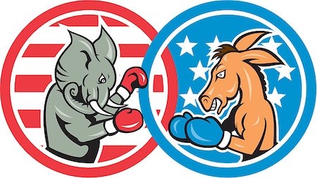 democratic party - Illustration of a democrat donkey mascot of the democratic grand old party gop and republican elephant boxer boxing set inside two circle with American stars and stripes done in cartoon style. Stock Photo - Budget Royalty-Free & Subscription, Code: 400-07571374