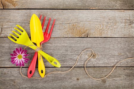 simsearch:400-08252596,k - Garden tools with flower on wooden table background with copy space Photographie de stock - Aubaine LD & Abonnement, Code: 400-07571524